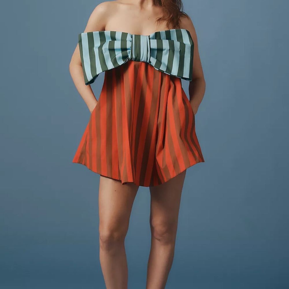 Anthropologie Striped Mini Dress with Bow - Orange and Green